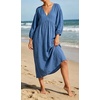 image:imageCHARTOU Womens Gauze Cotton Midi Dress V Neck 34 Puff Sleeve Casual Loose Flowy Tiered Summer Beach Dress with PocketsBlue