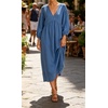 image:imageCHARTOU Womens Gauze Cotton Midi Dress V Neck 34 Puff Sleeve Casual Loose Flowy Tiered Summer Beach Dress with PocketsBlue
