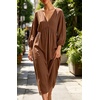 image:imageCHARTOU Womens Gauze Cotton Midi Dress V Neck 34 Puff Sleeve Casual Loose Flowy Tiered Summer Beach Dress with PocketsBrown
