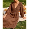 image:imageCHARTOU Womens Gauze Cotton Midi Dress V Neck 34 Puff Sleeve Casual Loose Flowy Tiered Summer Beach Dress with PocketsBrown