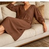 image:imageCHARTOU Womens Gauze Cotton Midi Dress V Neck 34 Puff Sleeve Casual Loose Flowy Tiered Summer Beach Dress with PocketsBrown