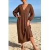 image:imageCHARTOU Womens Gauze Cotton Midi Dress V Neck 34 Puff Sleeve Casual Loose Flowy Tiered Summer Beach Dress with PocketsBrown