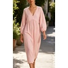 image:imageCHARTOU Womens Gauze Cotton Midi Dress V Neck 34 Puff Sleeve Casual Loose Flowy Tiered Summer Beach Dress with PocketsPink