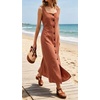 image:imageCHARTOU Womens Linen Midi Dress Sleeveless Square Neck Button Down Casual Summer A Line Long Dresses for Beach VacationCoral