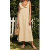 image:imageCHARTOU Womens Sleeveless Ruffle Neck Midi Dress Contrast Trim Linen Blend Loose Flowy Long Summer Sundress Beach DressCream