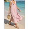 image:imageCHARTOU Womens Sleeveless Ruffle Neck Midi Dress Contrast Trim Linen Blend Loose Flowy Long Summer Sundress Beach DressPink