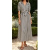 image:imageCHARTOU Womens Striped Cotton Midi Dress V Neck Puff Sleeve Belted ALine Casual Summer Dress with PocketsBlack