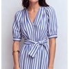 image:imageCHARTOU Womens Striped Cotton Midi Dress V Neck Puff Sleeve Belted ALine Casual Summer Dress with PocketsBlue