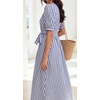 image:imageCHARTOU Womens Striped Cotton Midi Dress V Neck Puff Sleeve Belted ALine Casual Summer Dress with PocketsBlue