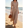 image:imageCHARTOU Womens Striped Cotton Midi Dress V Neck Puff Sleeve Belted ALine Casual Summer Dress with PocketsBrown