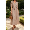 image:imageCHARTOU Womens Striped Cotton Midi Dress V Neck Puff Sleeve Belted ALine Casual Summer Dress with PocketsBrown