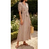 image:imageCHARTOU Womens Striped Cotton Midi Dress V Neck Puff Sleeve Belted ALine Casual Summer Dress with PocketsBrown