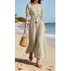 image:imageCHARTOU Womens Striped Cotton Midi Dress V Neck Puff Sleeve Belted ALine Casual Summer Dress with PocketsGreen