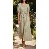image:imageCHARTOU Womens Striped Cotton Midi Dress V Neck Puff Sleeve Belted ALine Casual Summer Dress with PocketsGreen