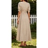 image:imageCHARTOU Womens Striped Cotton Midi Dress V Neck Puff Sleeve Belted ALine Casual Summer Dress with PocketsKhaki