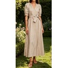 image:imageCHARTOU Womens Striped Cotton Midi Dress V Neck Puff Sleeve Belted ALine Casual Summer Dress with PocketsKhaki
