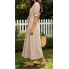 image:imageCHARTOU Womens Striped Cotton Midi Dress V Neck Puff Sleeve Belted ALine Casual Summer Dress with PocketsKhaki