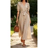 image:imageCHARTOU Womens Striped Cotton Midi Dress V Neck Puff Sleeve Belted ALine Casual Summer Dress with PocketsKhaki