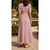 image:imageCHARTOU Womens Striped Cotton Midi Dress V Neck Puff Sleeve Belted ALine Casual Summer Dress with PocketsRed