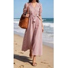 image:imageCHARTOU Womens Striped Cotton Midi Dress V Neck Puff Sleeve Belted ALine Casual Summer Dress with PocketsRed
