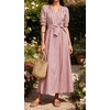 image:imageCHARTOU Womens Striped Cotton Midi Dress V Neck Puff Sleeve Belted ALine Casual Summer Dress with PocketsRed