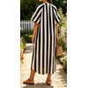 image:imageCHARTOU Womens Striped Midi Dress Puff Sleeve V Neck Casual Loose Tunic Summer Beach Dress with PocketsBlack