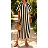 image:imageCHARTOU Womens Striped Midi Dress Puff Sleeve V Neck Casual Loose Tunic Summer Beach Dress with PocketsBlack