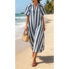 image:imageCHARTOU Womens Striped Midi Dress Puff Sleeve V Neck Casual Loose Tunic Summer Beach Dress with PocketsBlue