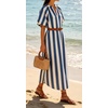 image:imageCHARTOU Womens Striped Midi Dress Puff Sleeve V Neck Casual Loose Tunic Summer Beach Dress with PocketsBlue