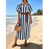 image:imageCHARTOU Womens Striped Midi Dress Puff Sleeve V Neck Casual Loose Tunic Summer Beach Dress with PocketsBlue