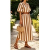 image:imageCHARTOU Womens Striped Midi Dress Puff Sleeve V Neck Casual Loose Tunic Summer Beach Dress with PocketsBrown