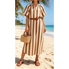 image:imageCHARTOU Womens Striped Midi Dress Puff Sleeve V Neck Casual Loose Tunic Summer Beach Dress with PocketsBrown