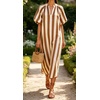 image:imageCHARTOU Womens Striped Midi Dress Puff Sleeve V Neck Casual Loose Tunic Summer Beach Dress with PocketsBrown
