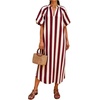 image:imageCHARTOU Womens Striped Midi Dress Puff Sleeve V Neck Casual Loose Tunic Summer Beach Dress with PocketsBurdundy