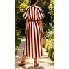 image:imageCHARTOU Womens Striped Midi Dress Puff Sleeve V Neck Casual Loose Tunic Summer Beach Dress with PocketsBurdundy
