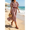 image:imageCHARTOU Womens Striped Midi Dress Puff Sleeve V Neck Casual Loose Tunic Summer Beach Dress with PocketsBurdundy