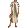 image:imageCHARTOU Womens Striped Midi Dress Puff Sleeve V Neck Casual Loose Tunic Summer Beach Dress with PocketsGreen