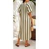 image:imageCHARTOU Womens Striped Midi Dress Puff Sleeve V Neck Casual Loose Tunic Summer Beach Dress with PocketsGreen