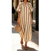 image:imageCHARTOU Womens Striped Midi Dress Puff Sleeve V Neck Casual Loose Tunic Summer Beach Dress with PocketsKhaki