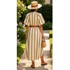 image:imageCHARTOU Womens Striped Midi Dress Puff Sleeve V Neck Casual Loose Tunic Summer Beach Dress with PocketsKhaki