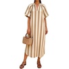 image:imageCHARTOU Womens Striped Midi Dress Puff Sleeve V Neck Casual Loose Tunic Summer Beach Dress with PocketsKhaki
