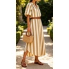 image:imageCHARTOU Womens Striped Midi Dress Puff Sleeve V Neck Casual Loose Tunic Summer Beach Dress with PocketsKhaki