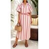 image:imageCHARTOU Womens Striped Midi Dress Puff Sleeve V Neck Casual Loose Tunic Summer Beach Dress with PocketsPink