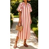 image:imageCHARTOU Womens Striped Midi Dress Puff Sleeve V Neck Casual Loose Tunic Summer Beach Dress with PocketsPink