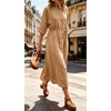 image:imageCHARTOU Womens Summer Linen Midi Dress 34 Sleeves Drawstring Waist Loose Fit Beach Dress with PocketsKhaki