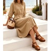 image:imageCHARTOU Womens Summer Linen Midi Dress 34 Sleeves Drawstring Waist Loose Fit Beach Dress with PocketsKhaki