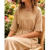 image:imageCHARTOU Womens Summer Linen Midi Dress 34 Sleeves Drawstring Waist Loose Fit Beach Dress with PocketsKhaki