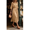 image:imageCHARTOU Womens Summer Linen Midi Dress 34 Sleeves Drawstring Waist Loose Fit Beach Dress with PocketsKhaki