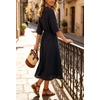 image:imageCHARTOU Womens Summer Linen Midi Dress 34 Sleeves Drawstring Waist Loose Fit Beach Dress with PocketsNavy