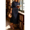 image:imageCHARTOU Womens Summer Linen Midi Dress 34 Sleeves Drawstring Waist Loose Fit Beach Dress with PocketsNavy